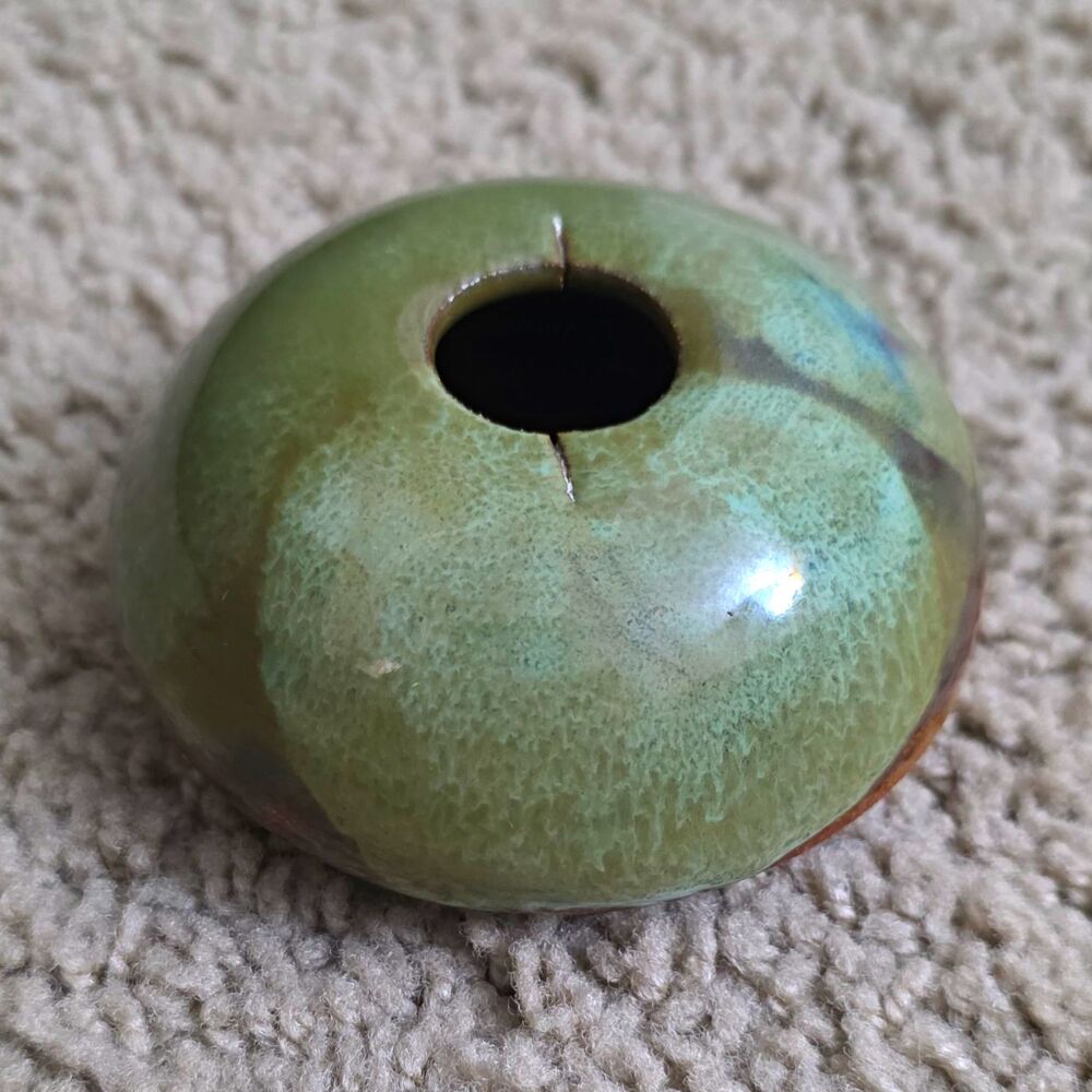 Mid Century Modern Ceramic Ikebana Vase Round Green Drip Glaze Small Weed Pot